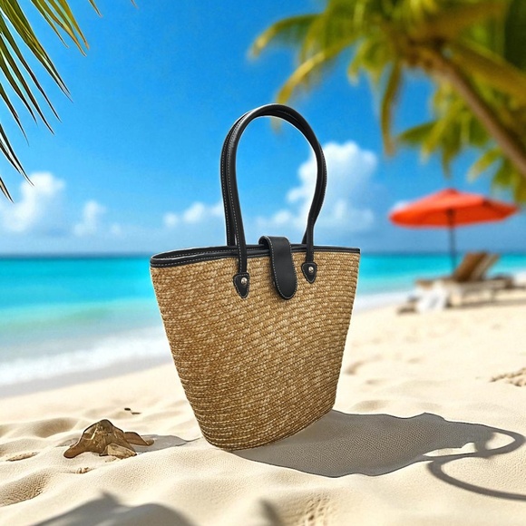 Black and Tan Raffia Straw Picnic Beach Summer Tote Bag - Picture 1 of 5
